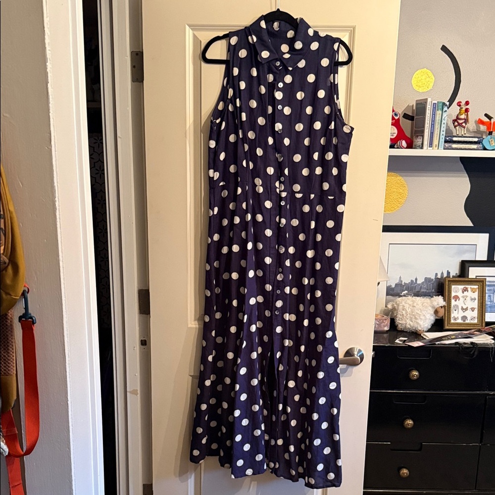 No Brand - Navy Blue Polka Dot Sleeveless Dress Size L